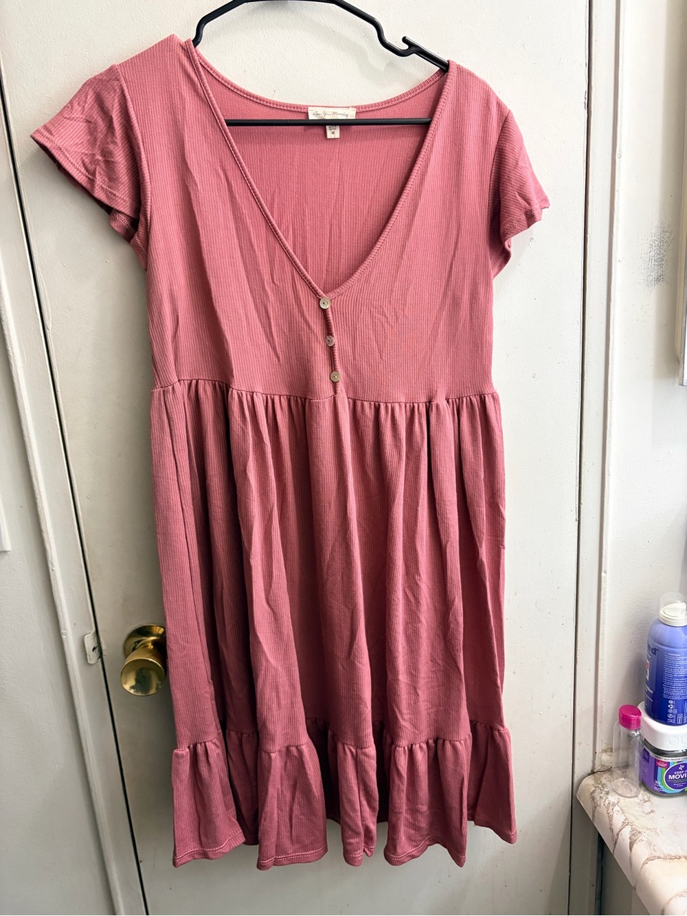 See You Monday Dusty Rose V‑Neck Babydoll Midi Dress
